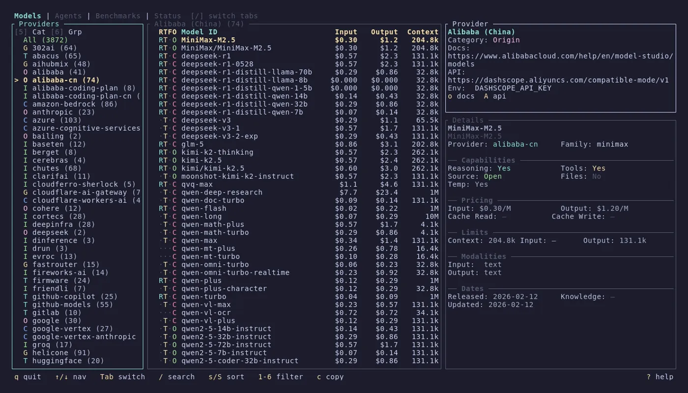 Models tab showing provider list with RTFO capability indicators and model detail panel